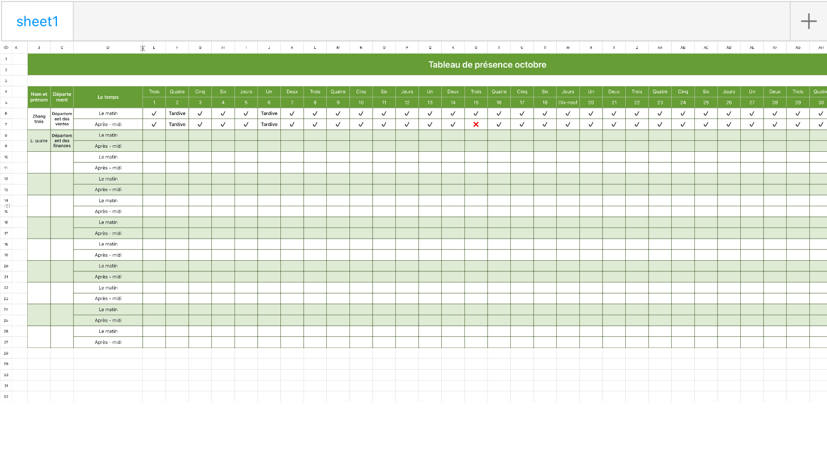 Tableau de présence octobre